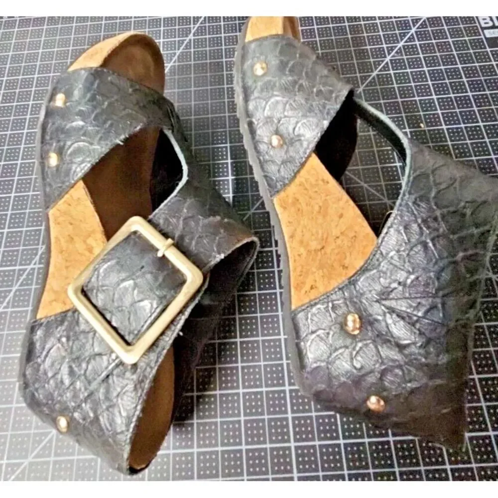 Walking cradles women THEA  wedges ankle‎ embossed  leather strap sandals 6.5M
